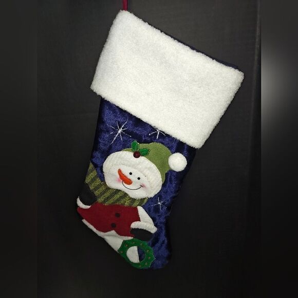 Christmas Holiday Vintage Stocking Sock Snowman In Beanie & Wreath Hanging Decor - Picture 8 of 8